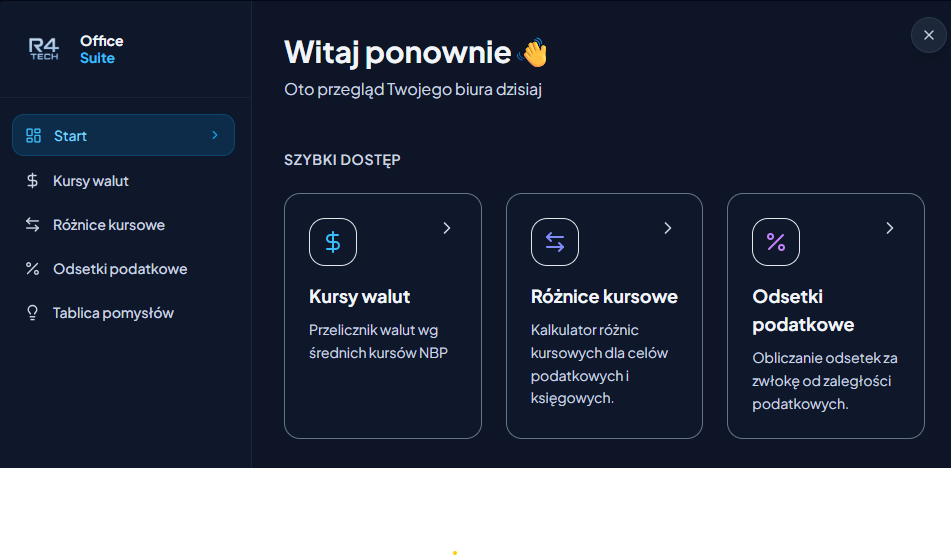 R4 Tech Office Suite - panel biurowy z kursami walut, różnicami kursowymi i kalkulatorem odsetek